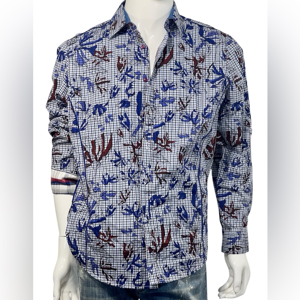 INC International Concepts Floral Flip Cuff Button Up Size L Red, White,and Blue